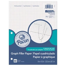 Filler Paper, White, 3-Hole Punched, 1/4 Grid Ruled 8 x 10-1/2, 80 Sheets