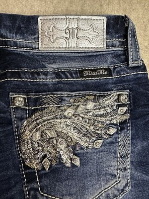 Miss Me Jeans Mid-Rise Cropped Wings Embellished Rhinestones Blue Size 27