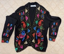 Vintage beaded sequin silk angora lambswool cardigan Mardi Gras LG