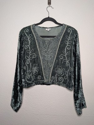 Kashi Dark Green Renaissance Faire Fairycore Velvet Cropped Embroidered Top M