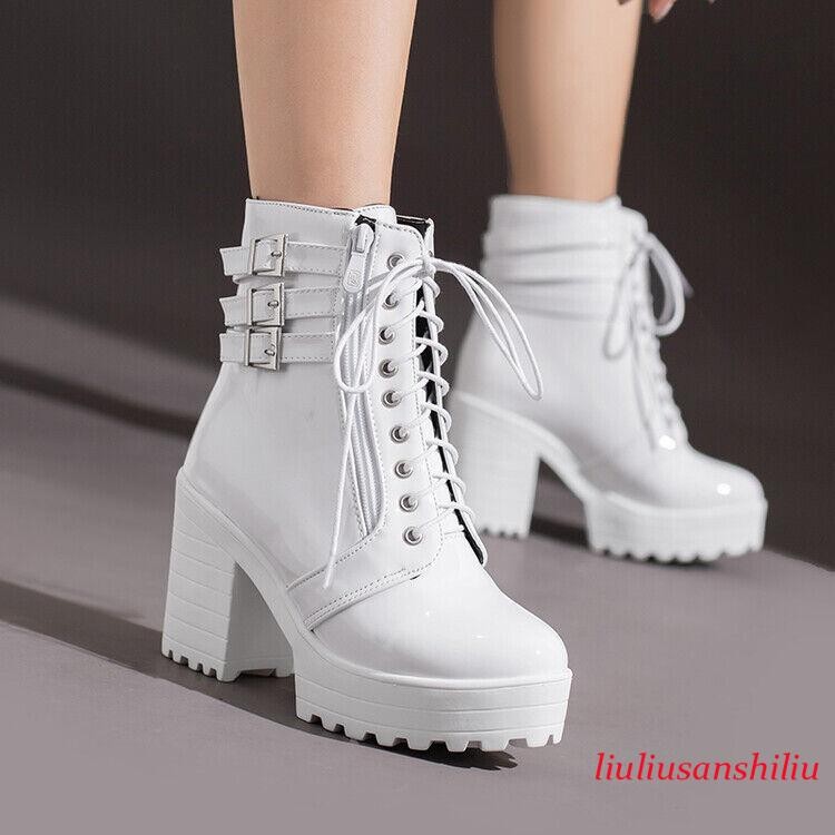 Women's Dress Party Ankle Boots Lace Up Block Heel Zip Faux Leather Ladies Shoes
