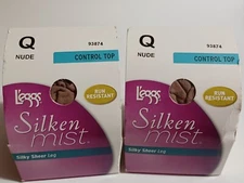 2 L'eggs Silken Mist Pantyhose Size Q Nude Silky Sheer Leg Control Top