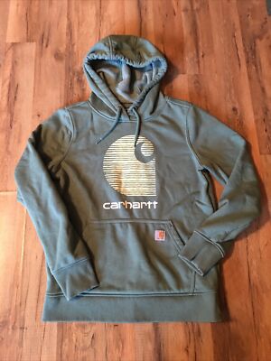 Carhartt Hoodie Womens sz S Green Sweatshirt Relaxed Fit Spellout Logo 