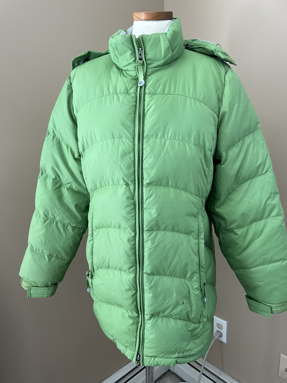LL BEAN WOMEN'S GREEN DOWN PUFFER QUILTED JACKET COAT SZ M Pet Hooded