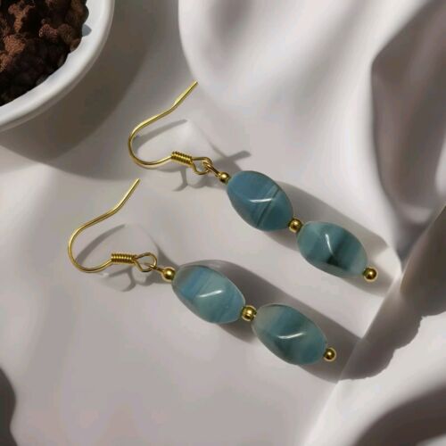 Vintage Style Blue Glass Bead Earrings In Gold Plate.drop Dangle - Picture 7 of 7