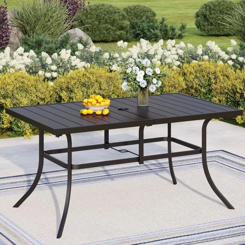 Patio Dining Table for 6 Person Outdoor Table with Umbrella Hole Rectangular