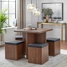 Dining Set Table With 4 Storage Ottomans 5 Piece Dining Set Brown Walnut Finish