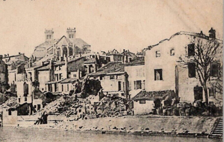 WW1 Incendiary Bombing Along the Banks of the Meuse River - Vintage Postcard