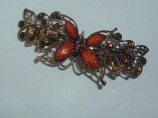 VINTAGE BUTTERFLY BROWN RHINESTONE GOLD TONE METAL HAIR BARRETTE UP DO ACCESSORY