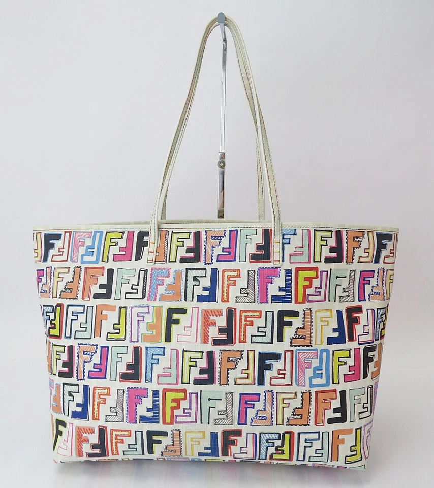 Authentic FENDI White and Multicoors PVC Canvas Tote Bag Purse #60238 - Image 2 of 4