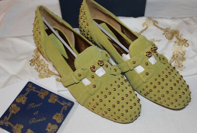 Fleur Et Rosee Studded Witness Green Suede Italian Leather Size 41 Loafers ~ HS4