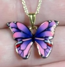 Monarch Butterfly pendant necklace Purple Pink 14K gold plated chain 16-18  