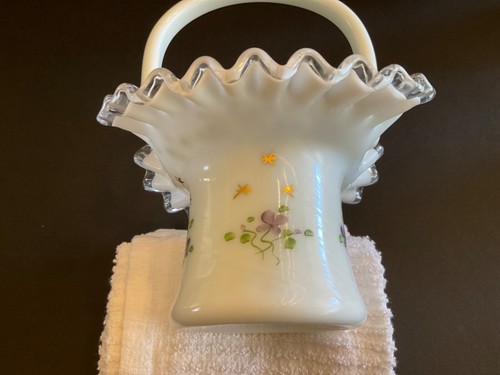 Fenton ? Violets & Stars Glass Silver Crest Ruffled Edge Top Hat Basket 8" H - Picture 9 of 12