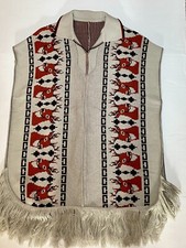 Reindeer Aztec Mayan Poncho Hippie Unisex Beige Orange Brown One Size - Vintage