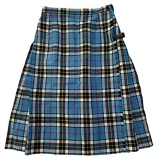 Scottish Blue Wool Hand Pleated tartan Kilt Midi Skirt 16 Preppy Dark Academia