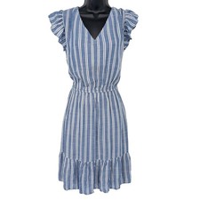 Loft Striped Tiered Dress Women Size L Ruffle Sleeve Nautical Coastal Timeless