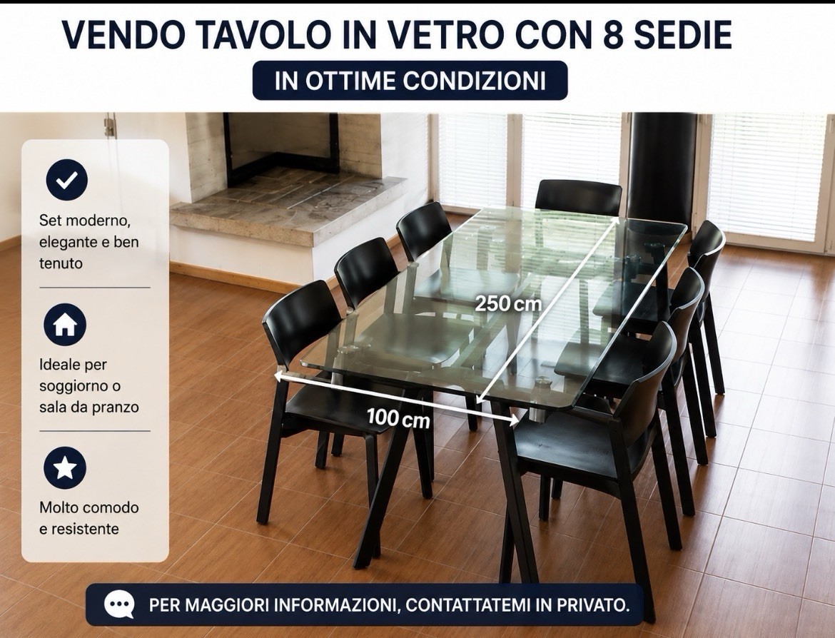 Tavolo da pranzo in vetro rettangolare 250x100 cm con 8 sedie nero