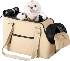 BurgeonNest Dog Purse Carrier Soft Sided Plush Pet Bag with Harness Clip, Khaki
