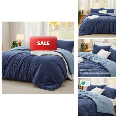 Bedsure Queen Comforter Set, Navy Blue Soft Prewashed Bedding All Seasons, 3