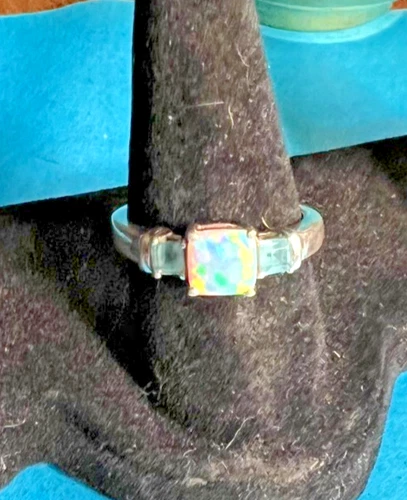 Vintage 925 Sterling Silver  Opal and Aquamarine Halo Ring  Size 7
