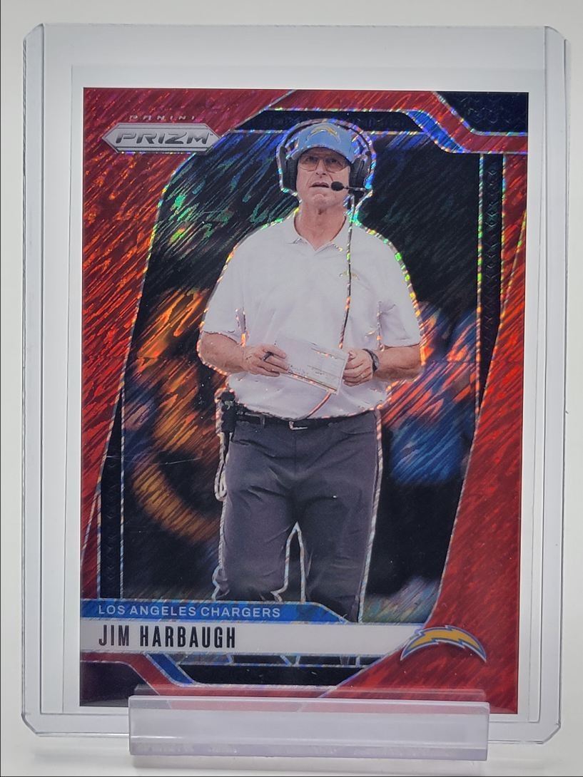 JIM HARBAUGH 2024 PANINI PRIZM FOTL RED SHIMMER CHARGERS /35 Q1787