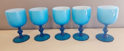 5 Carlo Moretti ? Cased Wine Glasses  Blue/White MCM 6  Beautiful!