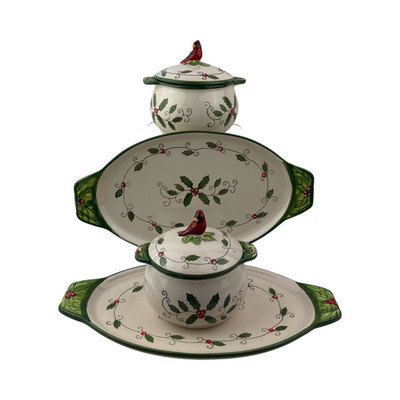 TEMPTATIONS CARDINAL Covered Soup Bowls and Sandwich Tray Set of 2 Bird Holly E
