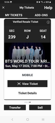 BTS WORLD TOUR CONCERT TICKETS 2026-ARIRANG STANFORD STADIUM