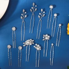 13 Pieces Pearl Crystal Bridal Hair Pins Rhinestone Flower Silver-HY-4726
