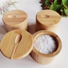 Bamboo Condiment Jar Set – Salt, Pepper, Sugar Storage Bowls with Lids