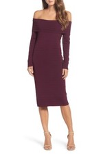  ELIZA J BANDED OFF THE SHOULDER MIDI WINE SHEATH DRESS sz S