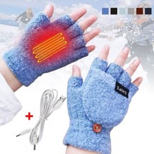 USB Electric Heated Gloves Heating Convertible Fingerless Warm Winter Glove UK