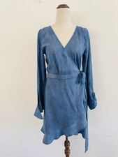 Kookai NEW Becca Wrap Dress Size 38 10 Blue Chambray Tencel Long Sleeve Ruffle
