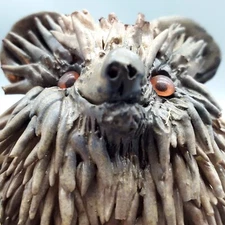 Studio Clay Art Spiny Hedgehog Sculpture Evil Eyes Anthropomorphic Broom & Apron