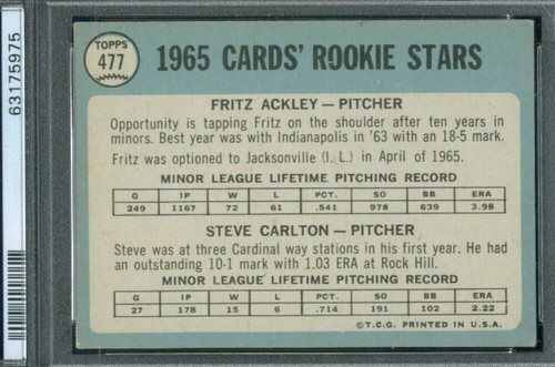 1965 Topps #477 Ackley/Steve Carlton PSA 5 RC Rookie Cardinals Rookies (5975) - Picture 2 of 2