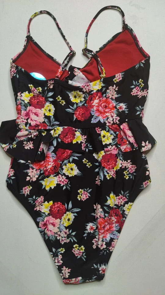 Traje de baño de una pieza negro cobertura descarada estampado floral Decree XS para mujer NUEVO Foto 2 de 4