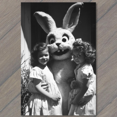 POSTCARD Spooky Easter Bunny Twins Retro Outfit Haunting Weird Strange Bizarre