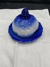 Antique Stone ware Crock White Blue Butter Dish dome Lid Thistle Patterned