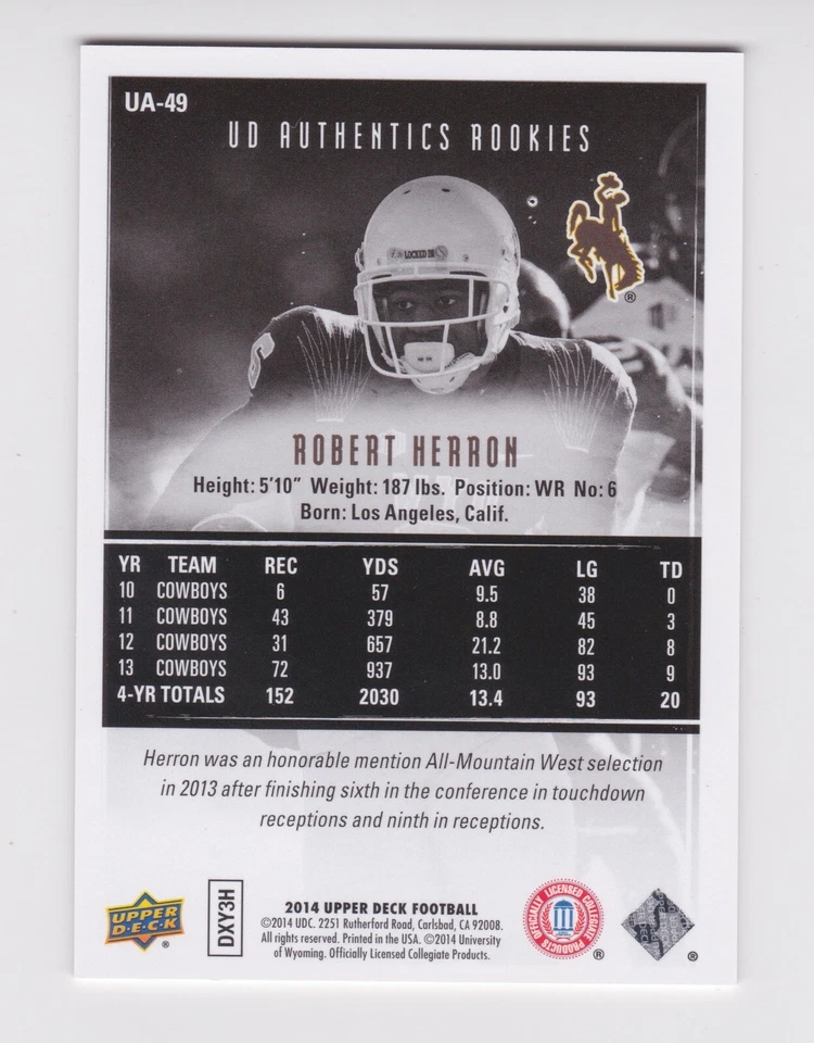 2014 UD Upper Deck RC Authentics Rookies UA-49 Robert Herron 154/430 Cowboys - Image 2 of 2
