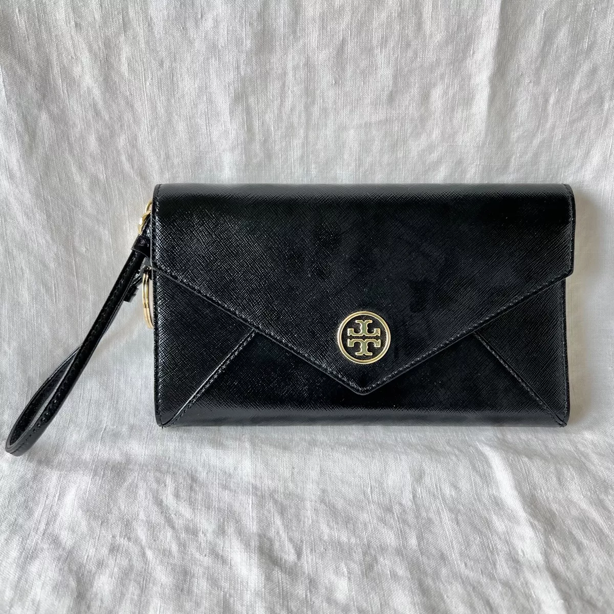 Saffiano Leather Envelope Wristlet Clutch Black