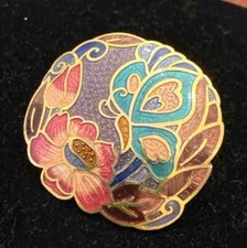 Vintage Cloisonne Enamel Scarf Clip Slide Flowers & Butterfly Gold Tone