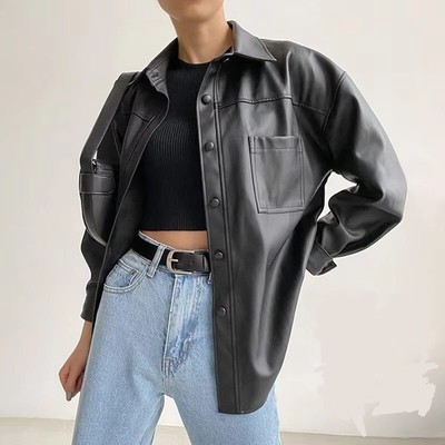 Damen Schwarz Lammfell Lederhemd Echtleder Stylisches Hemd für Damen