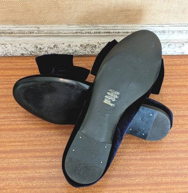 Elegant Chatelles Paris Dark Blue Velveteen Large Bow Flats