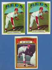3 CLAY CARROL 1972 TOPPS REDS BASEBALL CARDS - 2 #311 BASE & 1 #312 IN ACTION EX