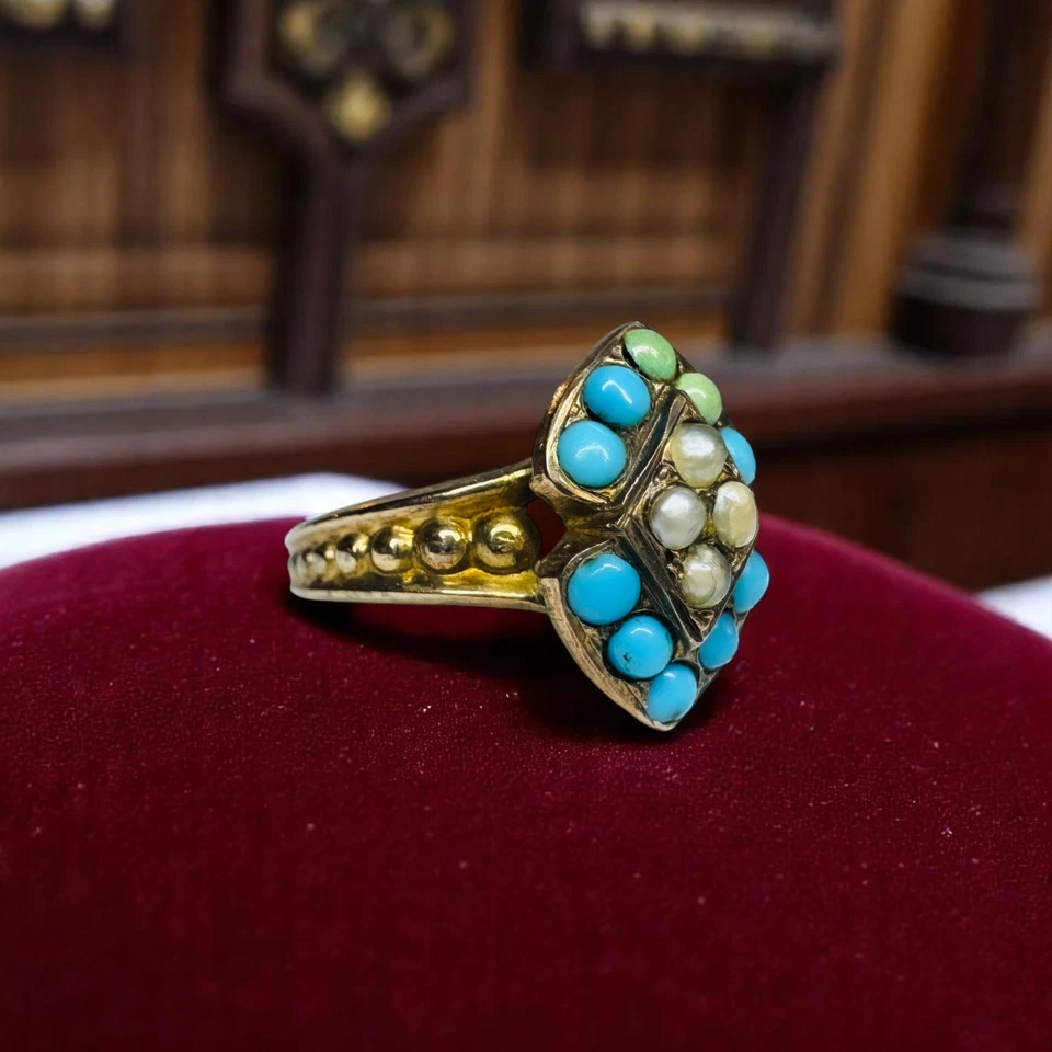 ANTIGUO - Anillo Turquesa y Perla Semilla en Oro 10K -Talla 3.25- Victoriano Occidental 1.8g Foto 2 de 4