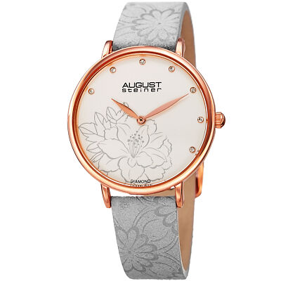 Women's August Steiner AS8242GY Diamond Dial Quartz Flower Embossed Strap Watch