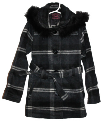 Little Girls Unik Jacket Coat Peacoat Medium 7-8 Black White Plaid Faux Fur NEW