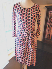 Talbots XS Pink Navy Faux Wrap Dress Geometric Stretch Knit 3/4 Sleeve Retro Mod