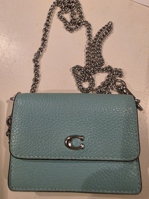 Coach Blue Pebbled Small Crossbody Bag Snap Flap Silver Chain Strap Detachable
