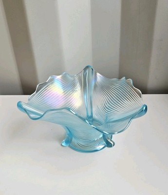 Antique Northwood Ribbed Drapery Ice Blue Carnival Glass Candy Nut Dish